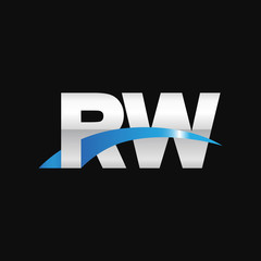 Initial letter RW, overlapping movement swoosh logo, metal silver blue color on black background