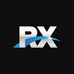 Initial letter RX, overlapping movement swoosh logo, metal silver blue color on black background