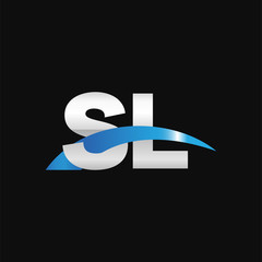 Initial letter SL, overlapping movement swoosh logo, metal silver blue color on black background