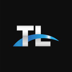 Initial letter TL, overlapping movement swoosh logo, metal silver blue color on black background