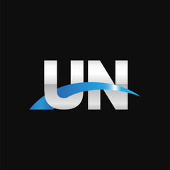 Initial letter UN, overlapping movement swoosh logo, metal silver blue color on black background