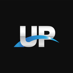 Initial letter UP, overlapping movement swoosh logo, metal silver blue color on black background