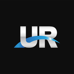 Initial letter UR, overlapping movement swoosh logo, metal silver blue color on black background