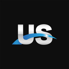 Initial letter US, overlapping movement swoosh logo, metal silver blue color on black background