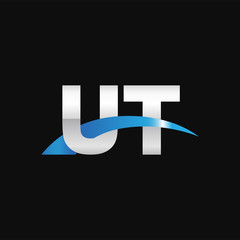 Initial letter UT, overlapping movement swoosh logo, metal silver blue color on black background