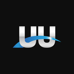 Initial letter UU, overlapping movement swoosh logo, metal silver blue color on black background