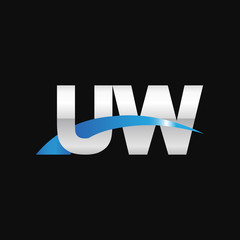 Initial letter UW, overlapping movement swoosh logo, metal silver blue color on black background