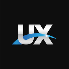Initial letter UX, overlapping movement swoosh logo, metal silver blue color on black background