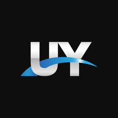 Initial letter UY, overlapping movement swoosh logo, metal silver blue color on black background