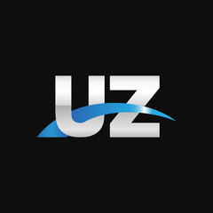 Initial letter UZ, overlapping movement swoosh logo, metal silver blue color on black background