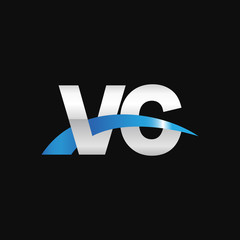 Initial letter VC, overlapping movement swoosh logo, metal silver blue color on black background