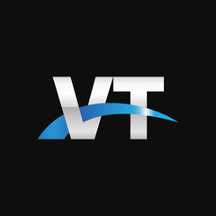 Initial letter VT, overlapping movement swoosh logo, metal silver blue color on black background