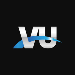 Initial letter VU, overlapping movement swoosh logo, metal silver blue color on black background