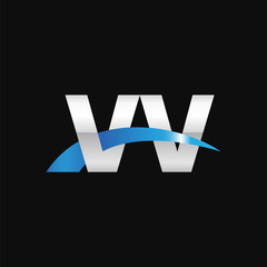 Initial letter VV, overlapping movement swoosh logo, metal silver blue color on black background