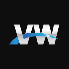 Initial letter VW, overlapping movement swoosh logo, metal silver blue color on black background