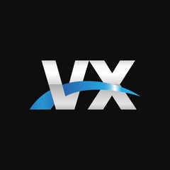 Initial letter VX, overlapping movement swoosh logo, metal silver blue color on black background