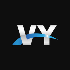 Initial letter VY, overlapping movement swoosh logo, metal silver blue color on black background