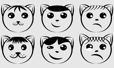 Funny faces of cats. Drawn icons.