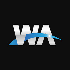 Initial letter WA, overlapping movement swoosh logo, metal silver blue color on black background