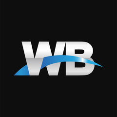 Initial letter WB, overlapping movement swoosh logo, metal silver blue color on black background