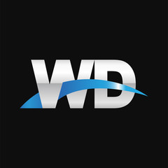 Initial letter WD, overlapping movement swoosh logo, metal silver blue color on black background