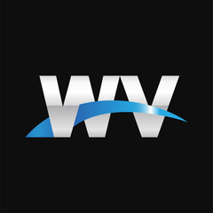 Initial letter WV, overlapping movement swoosh logo, metal silver blue color on black background