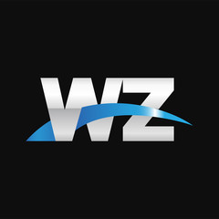 Initial letter WZ, overlapping movement swoosh logo, metal silver blue color on black background