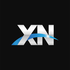 Initial letter XN, overlapping movement swoosh logo, metal silver blue color on black background