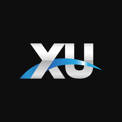 Initial letter XU, overlapping movement swoosh logo, metal silver blue color on black background