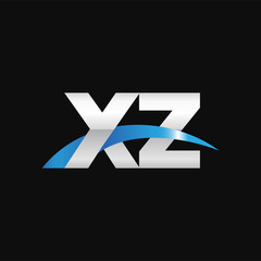 Initial letter XZ, overlapping movement swoosh logo, metal silver blue color on black background