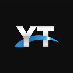 Obraz premium Initial letter YT, overlapping movement swoosh logo, metal silver blue color on black background