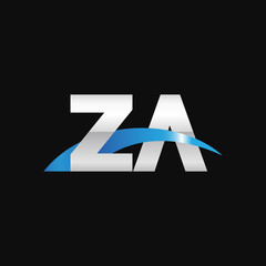 Initial letter ZA, overlapping movement swoosh logo, metal silver blue color on black background