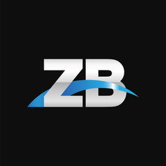 Initial letter ZB, overlapping movement swoosh logo, metal silver blue color on black background