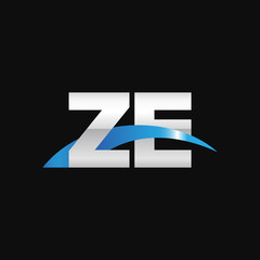 Initial letter ZE, overlapping movement swoosh logo, metal silver blue color on black background