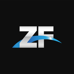 Initial letter ZF, overlapping movement swoosh logo, metal silver blue color on black background