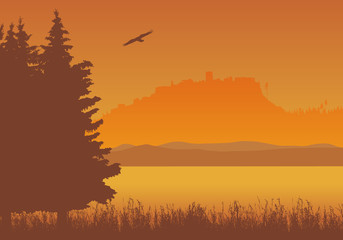 Landscape with lake, grass and trees with silhouette of castle ruins in background, under orange sky with flying eagle