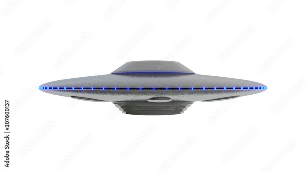 Wall mural ufo - flying saucer with blue lights rotating infinite repeat loop - isolated on white background