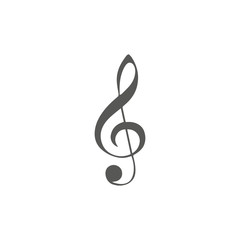 Naklejka premium Vector simple icon for music theme. Illustration of treble clef on white background with blur shadow. Elements for design. Black, white, grey colors.
