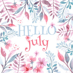 Fototapeta na wymiar Hello July. Flower frame. Watercolor botanical drawing. For postcards, calendars, web, screensavers. Pink and light green on white.