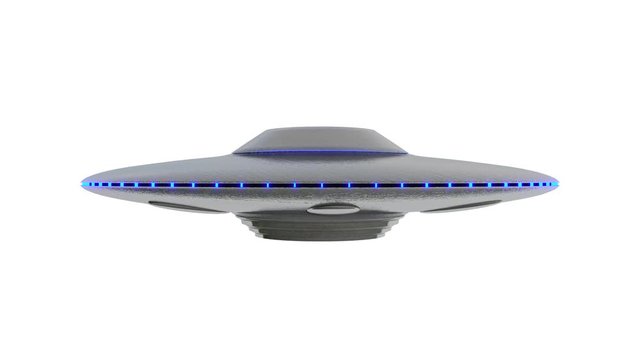 UFO - Flying Saucer with Blue lights rotating infinite repeat loop - isolated on White background
