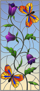 Illustration in stained glass style with abstract curly purple flower and an orange butterfly on sky background , vertical image