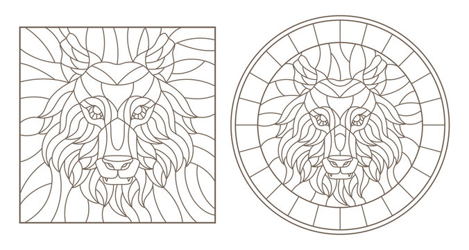 Set of contour stained glass illustrations with wolf head, round and square image, dark outline on white background