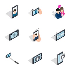Selfie with mobile phone icons set. Isometric 3d illustration of 9 selfie with mobile phone vector icons for web
