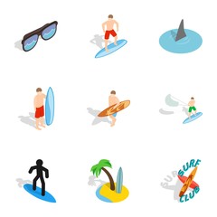 Surfing icons set. Isometric 3d illustration of 9 surfing vector icons for web