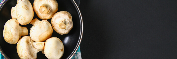 White fresh champignons with parsley on a wooden board on a gray dark table. Mushrooms. Copy the space. Top view.
