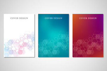 Cover or brochure design with medical background. Molecular structure and hexagons.