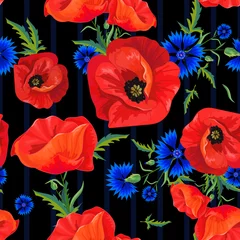 Behang Klaprozen rode klaprozen en blauwe korenbloemen