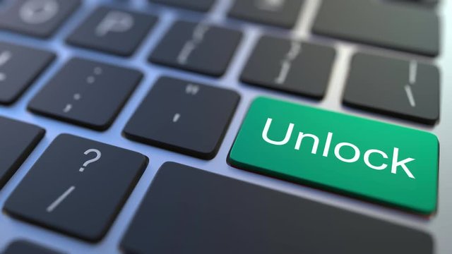LOCK key turning over to UNLOCK button on the keyboard. Conceptual 3D animation
