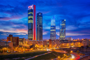 Spain financial district skyline at twilight