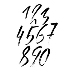 Set of calligraphic ink numbers. Textured brush lettering. Vector illustration.
